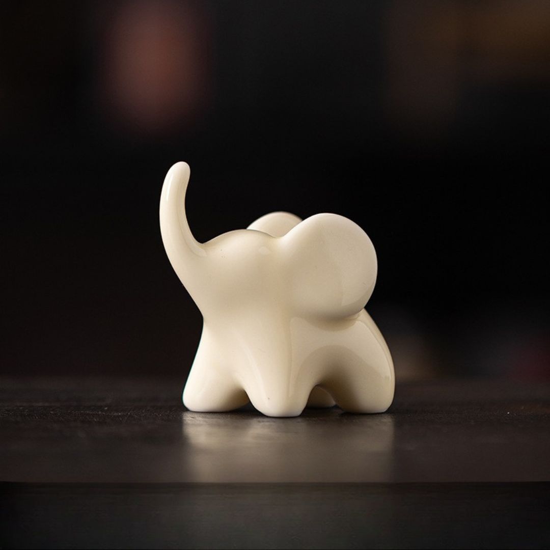 Ceramic Upturned Trunk Elephant Figurine - Beige