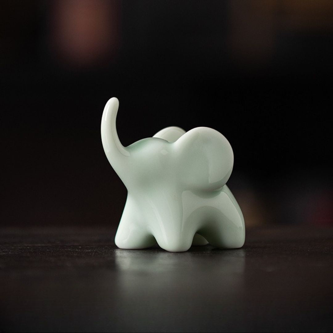 Ceramic Upturned Trunk Elephant Figurine -Green