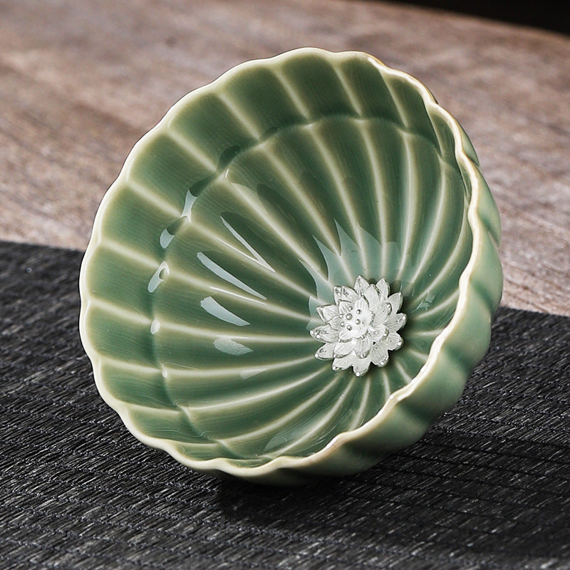 Ceramic Petal Tea Cup with Silver Inlaid Lotus