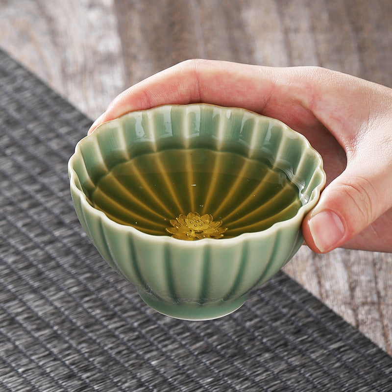Ceramic Petal Tea Cup with Silver Inlaid Lotus