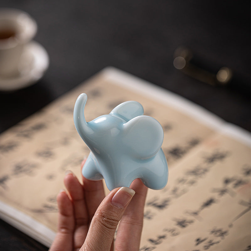 Ceramic Upturned Trunk Elephant Figurine - Blue