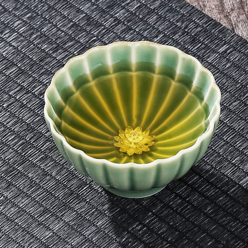 Ceramic Petal Tea Cup with Silver Inlaid Lotus