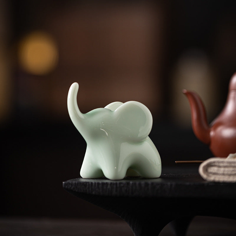Ceramic Upturned Trunk Elephant Figurine -Green